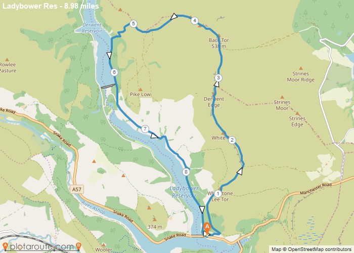 Map - Cutthroat Bridge via Ladybower and Derwent Reservoirs